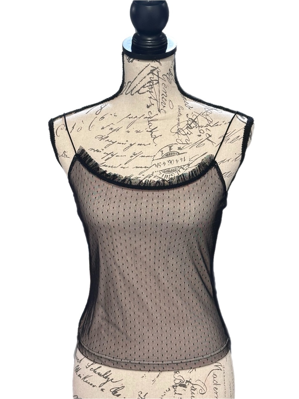 Vtg Moda Black Polka Dot Overlay  Crop Tank w/ Lace Neckline Sz S EUC Y2K Goth